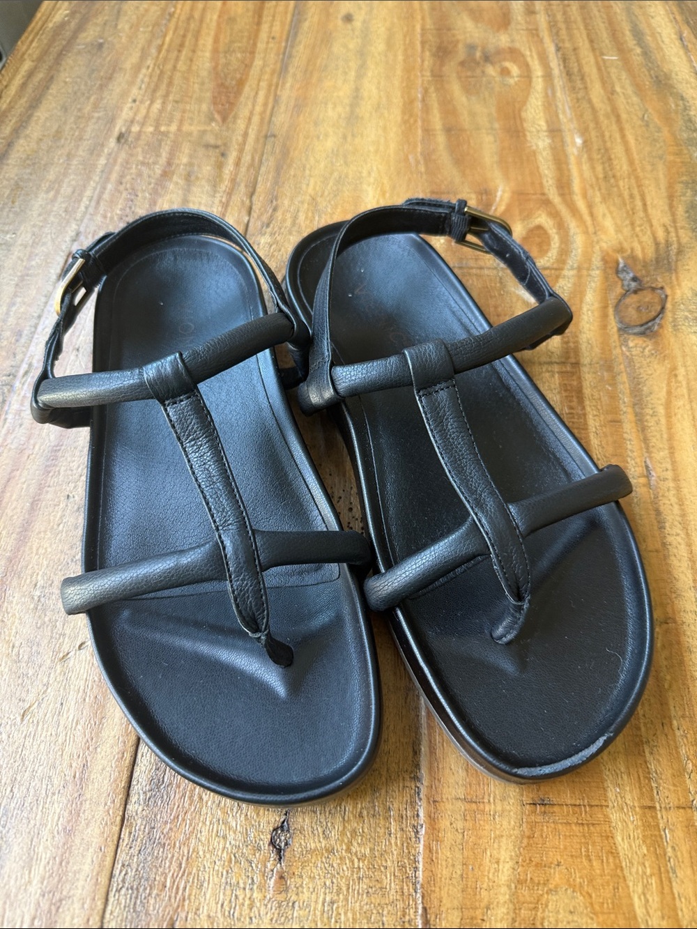 Vionic Black Leather T-Strap Sandals with Gold Buckle